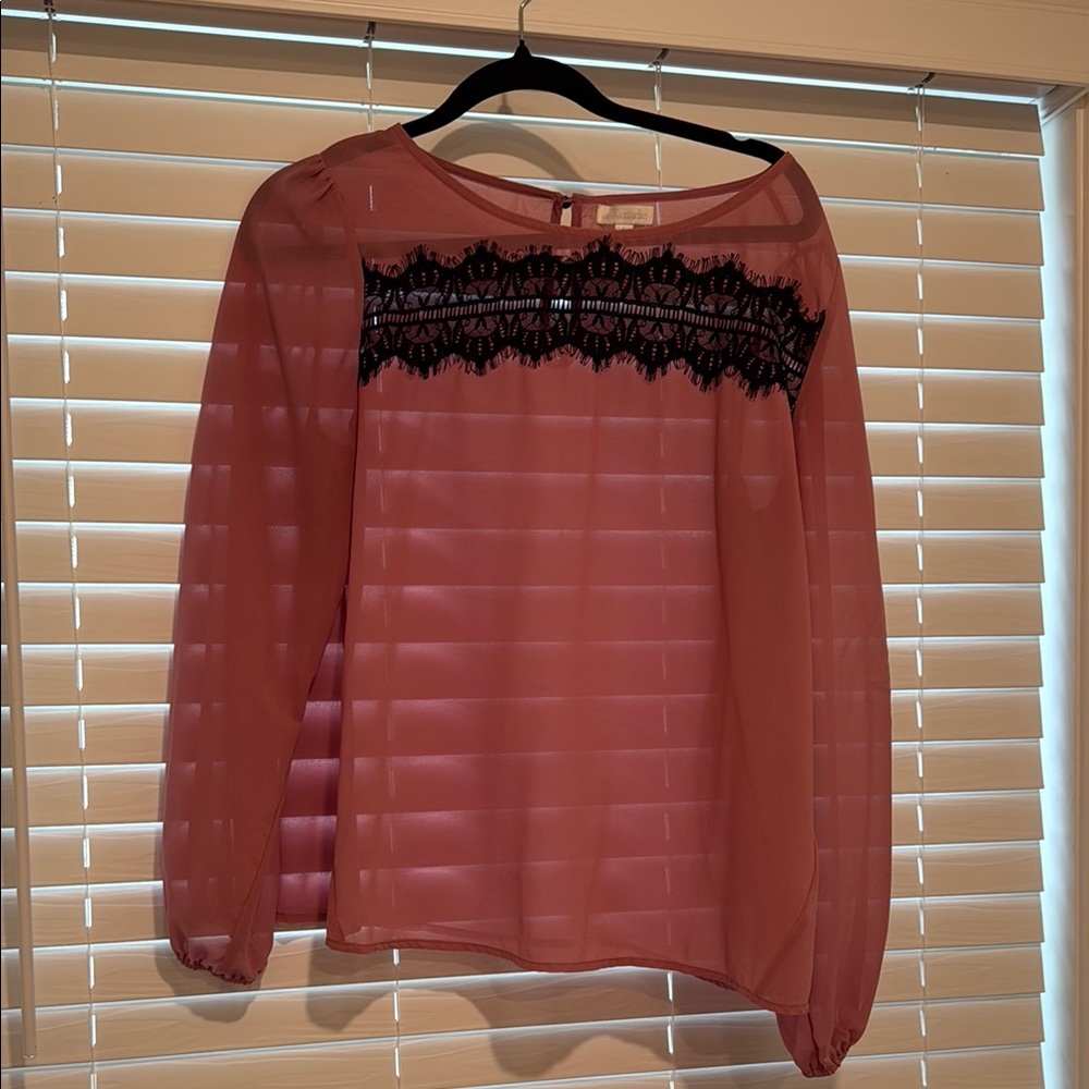 Elegant Pink Blouse with Black Lace Detail
